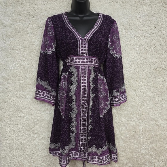 INC‎ International Concepts Purple Silk Dress 12 Sheer Boho Festival Tie Waist - Picture 1 of 14